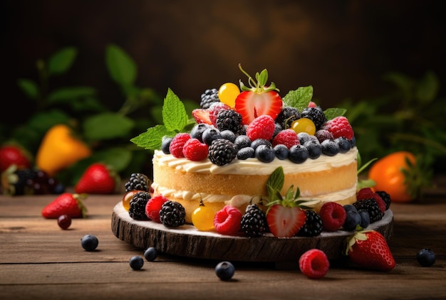 un pastel cubierto de frutas y bayas