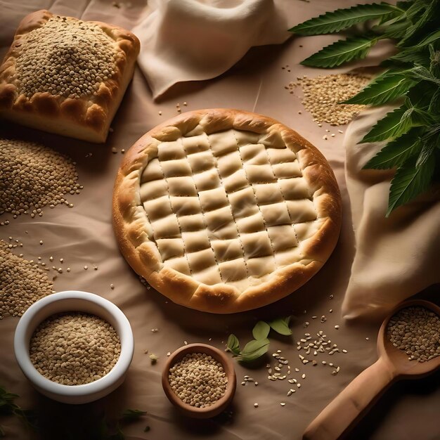 Foto un pastel con una cuchara y algunos otros ingredientes en una mesa