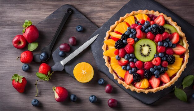 un pastel con un cuchillo y un cuchilo en una mesa de madera