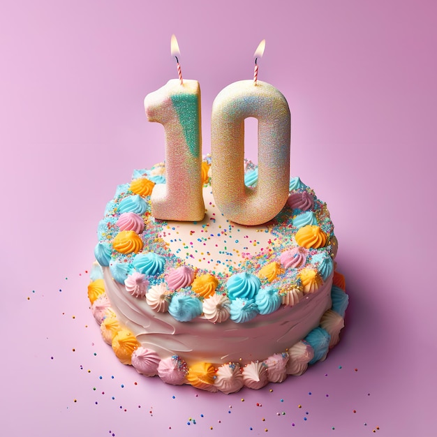 Pastel de cumpleaños de 10 años sobre fondo pastel colorido aislado