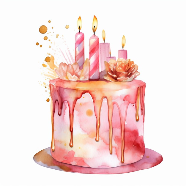 Pastel de cumpleaños de acuarela rosa Ilustración AI GenerativexA