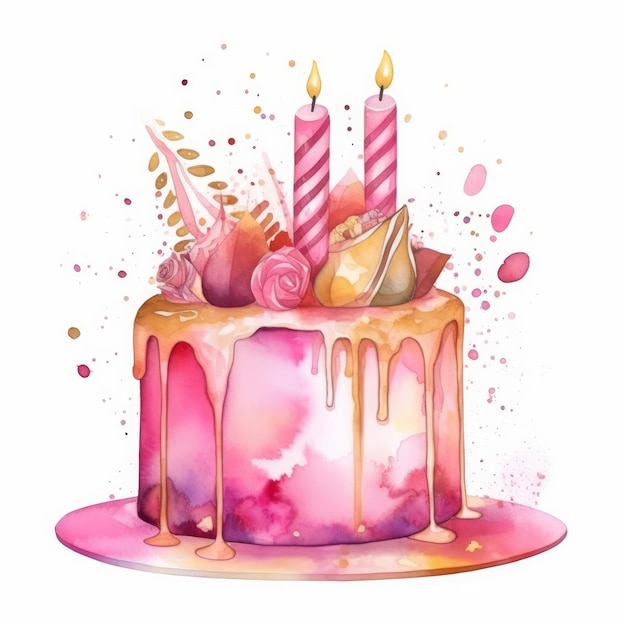 Pastel de cumpleaños de acuarela rosa Ilustración AI GenerativexA