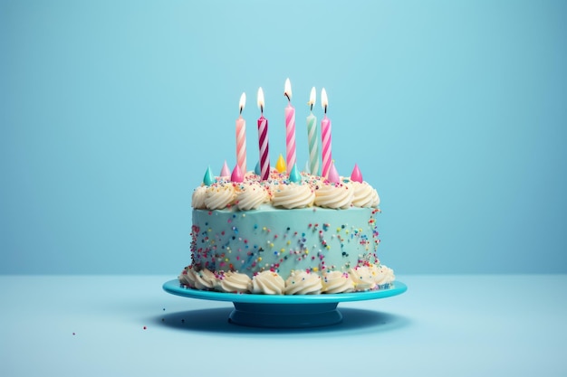 Un pastel de cumpleaños adornado con glaseado blanco y velas brillantes listas para ser sopladas