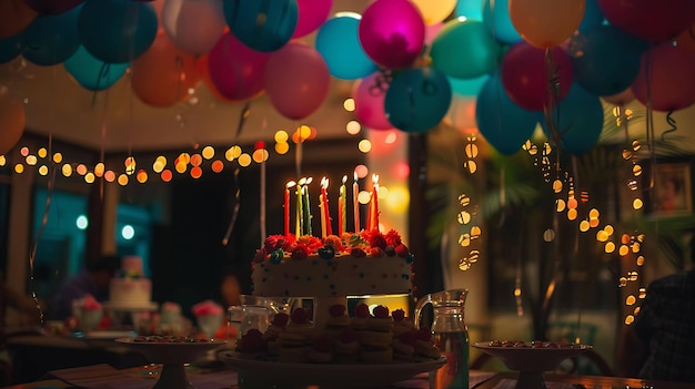 Un pastel de cumpleaños bellamente decorado se sienta en una mesa rodeado de globos de colores y luces parpadeantes