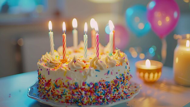 Un pastel de cumpleaños bellamente decorado con velas encendidas está en una mesa listo para ser disfrutado