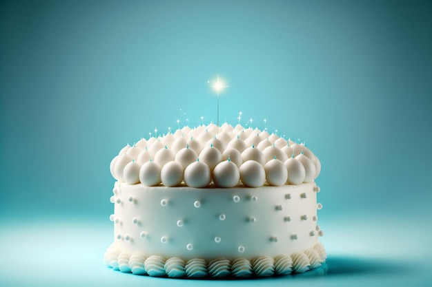 Pastel de cumpleaños blanco con velas sobre fondo azul, espacio vacío en blanco