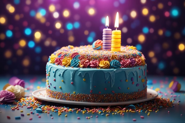Pastel de cumpleaños de celebración con chispas de colores y velas ai generativa