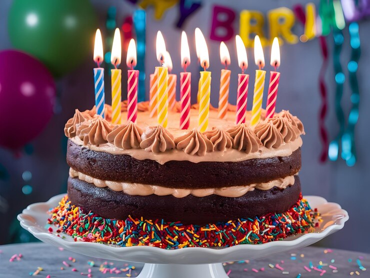 un pastel de cumpleaños de celebración con velas de colores