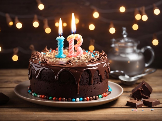 pastel de cumpleaños de chocolate con vela encendida