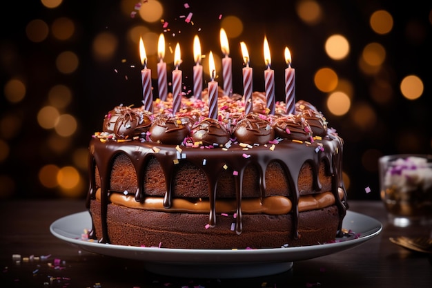 Pastel de cumpleaños de chocolate con velas encendidas y decoraciones