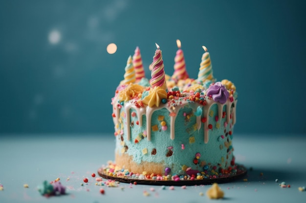 Pastel de cumpleaños colorido con chispas sobre fondo azul pastel