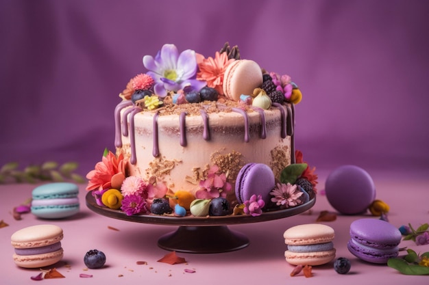 Pastel de cumpleaños colorido con macarons y flores sobre fondo púrpura pastel
