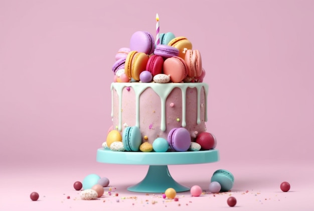 Pastel de cumpleaños colorido sobre fondo pastel generativo ai