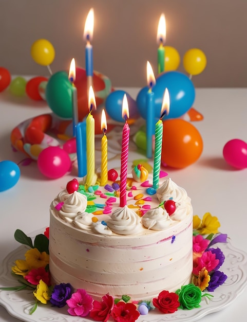 pastel de cumpleaños colorido con velas aisladas en fondo blanco PNG