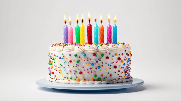 Pastel de cumpleaños colorido con velas aisladas sobre un fondo blanco