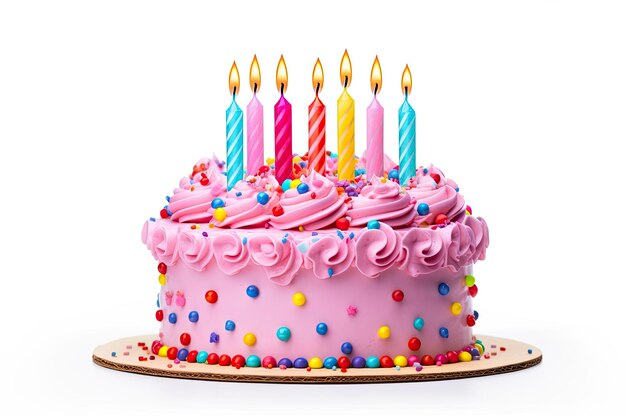 Pastel de cumpleaños colorido con velas aisladas sobre un fondo blanco