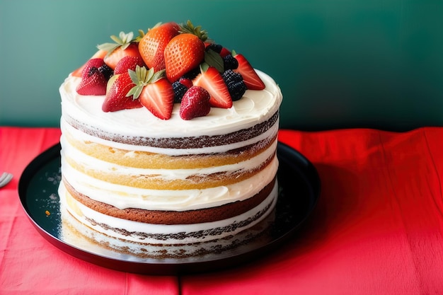 Pastel de cumpleaños con crema y bayas frescas en un mantel rojo generativo ai