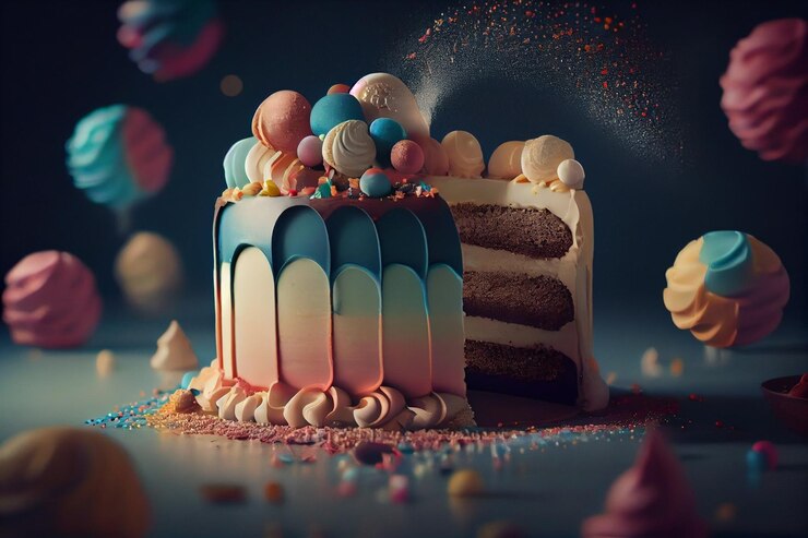 Pastel de cumpleaños con crema de colores y chispitas sobre un fondo oscuro generativo ai