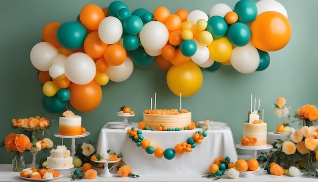 un pastel de cumpleaños con decoraciones de naranja y azul y un pastel con globos naranjas y blancos