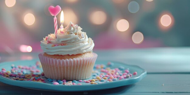 Un pastel de cumpleaños decorado con velas encendidas en un plato azul capturado en estilo Bokeh Panorama