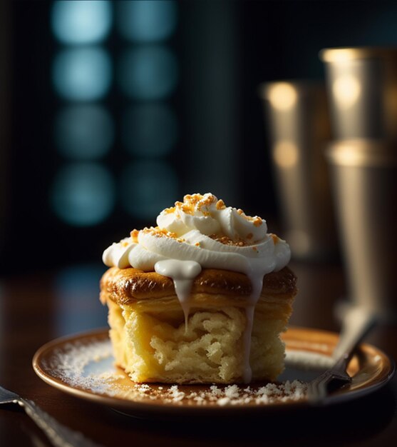 Pastel de cumpleaños estilo Disney y panecillos de canela cubiertos con un generoso chorrito de queso crema dulce