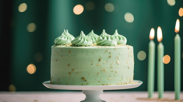 Un pastel de cumpleaños festivo con velas encendidas se encuentra en un puesto sobre la mesa