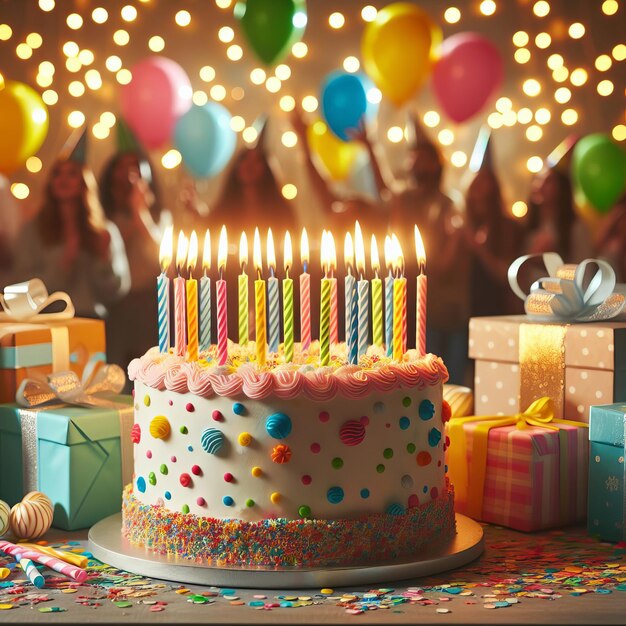 Un pastel de cumpleaños festivo con velas encendidas rodeado de regalos, globos y personas alegres en una habitación