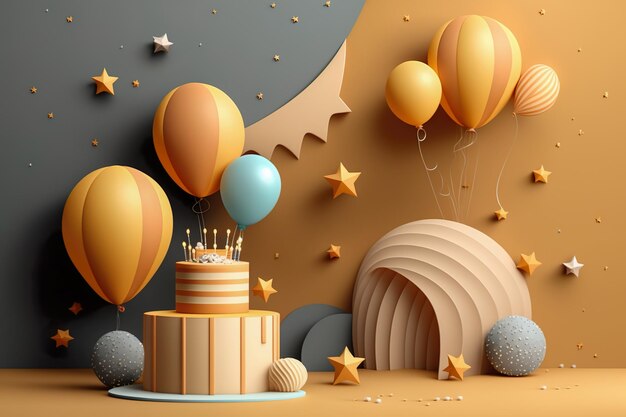 Pastel de cumpleaños de fiesta de celebración con mucha guinda y decoraciones Generative Ai