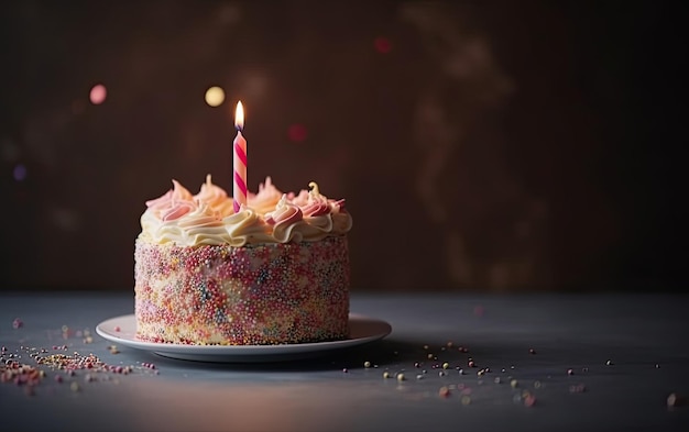 Pastel de cumpleaños con fondo festivo de velas encendidas