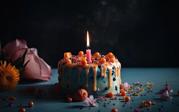 Pastel de cumpleaños con fondo festivo de velas encendidas