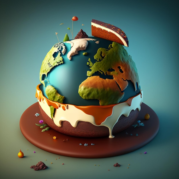 Pastel de cumpleaños en forma de tierra ilustración 3d ai generado