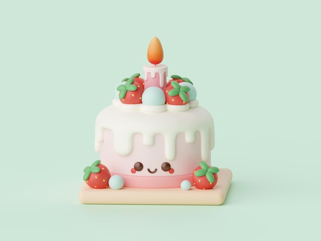 Pastel de cumpleaños de fresa para la fiesta de celebración Feliz cumpleaños ilustración 3d