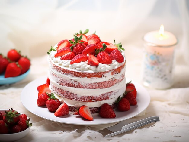 Foto pastel de cumpleaños con fresas rojas