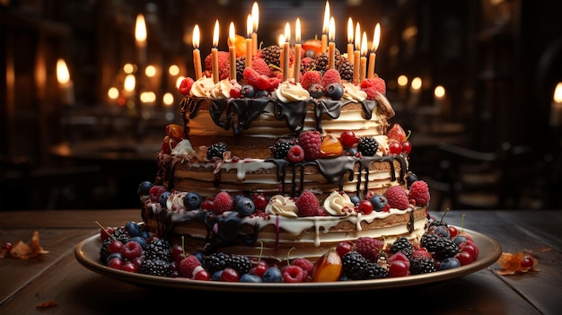 Pastel de cumpleaños con frutas, bayas y galletas, concepto de fiesta espacial para niños y adultos