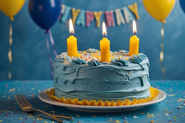 Pastel de cumpleaños con glaseado azul y velas de cumpleañas amarillas listo para una fiesta de cumpleños de fondo azul