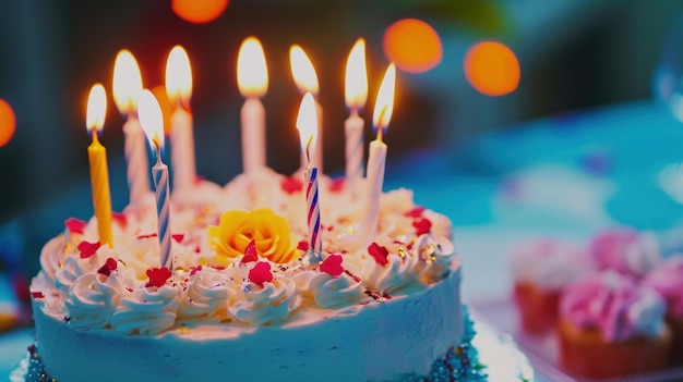 Pastel de cumpleaños con glaseado blanco y velas encendidas