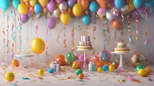 Pastel de cumpleaños con globos de colores, cintas y confeti en 3D