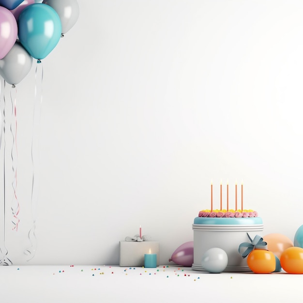 Un pastel de cumpleaños y globos están sobre una mesa con un pastel y un pastel encima.