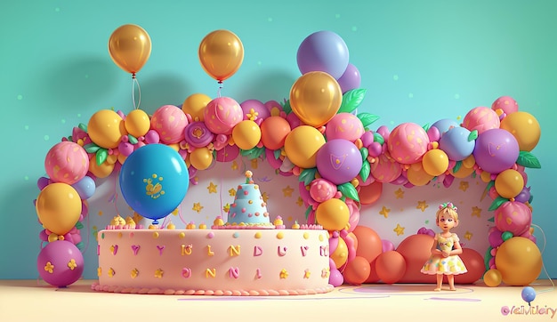 Un pastel de cumpleaños con globos y flores