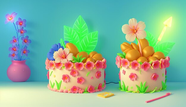 Un pastel de cumpleaños con globos y flores