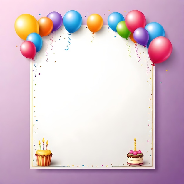 Foto un pastel de cumpleaños con globos y un pastel de aniversario en un fondo púrpura