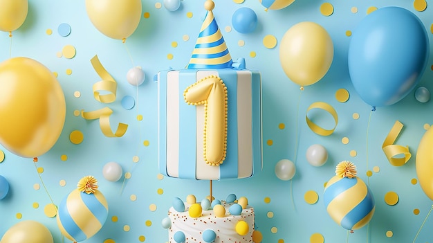 Un pastel de cumpleaños con globos y un pastel de aniversario con un número 1 en él