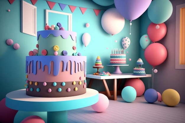 Un pastel de cumpleaños en una habitación con globos y globos.