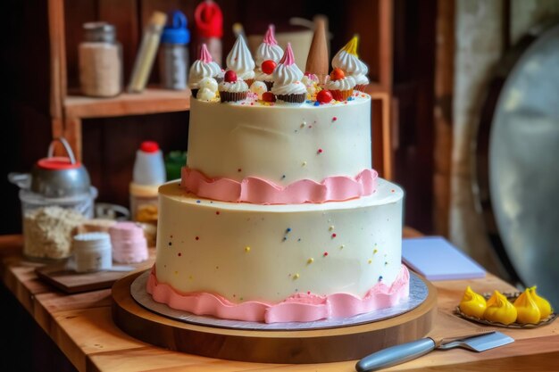 pastel de cumpleaños en la mesa de la cocina publicidad profesional fotografía de alimentos