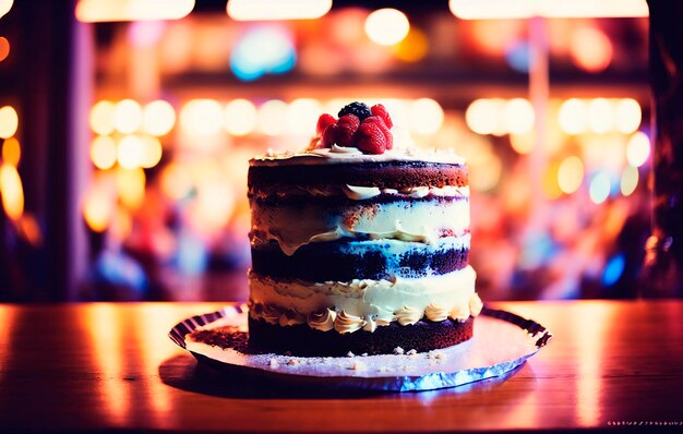 Pastel de cumpleaños en una mesa de madera con luces borrosas en el fondo