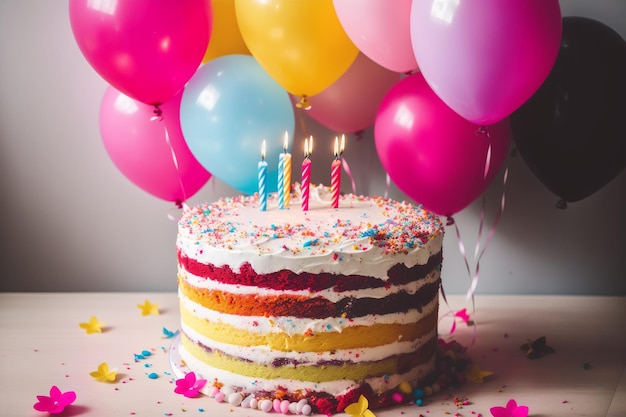 Un pastel de cumpleaños con un montón de globos y la palabra cumpleaños.