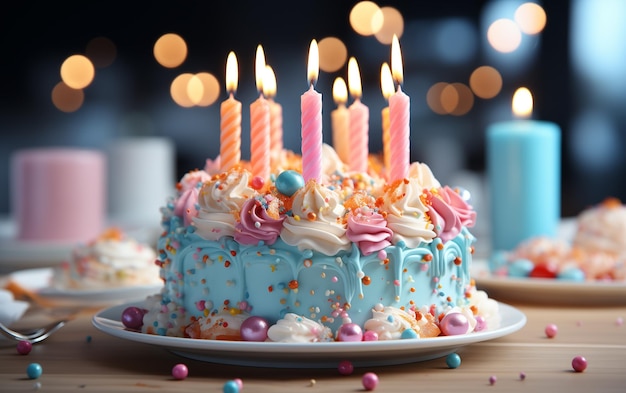 Pastel de cumpleaños multicolor en la mesa con velas