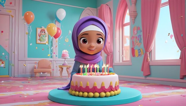 pastel de cumpleaños de niño dibujos animados de estilo 3D niña niño habitación feliz hijab musulmán