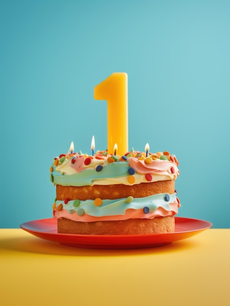 Pastel de cumpleaños para niños con el número 3 en la parte superior aislado en un fondo pastel