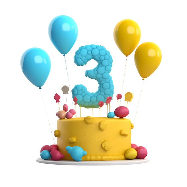 Foto pastel de cumpleaños número 3 con globos y chispitas aislado sobre fondo blanco.